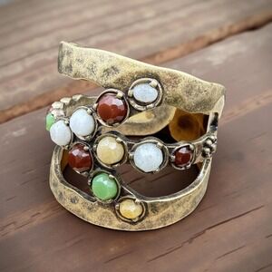 Lucky You Brass Cuff Bracelet Mixed Stones Boho Statement Signed Bold Bracelet